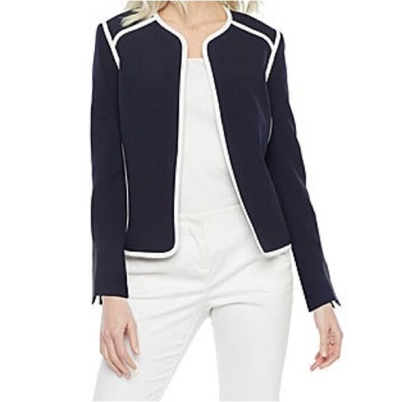 Black Label by Evan Picone Navy/White trimming open blazer, size 16 - Picture 1 of 5